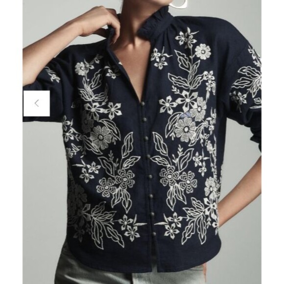 Anthropologie Tops - Anthropologie The Tavi Embroidered Button-down Blouse Linen Cotton Medium